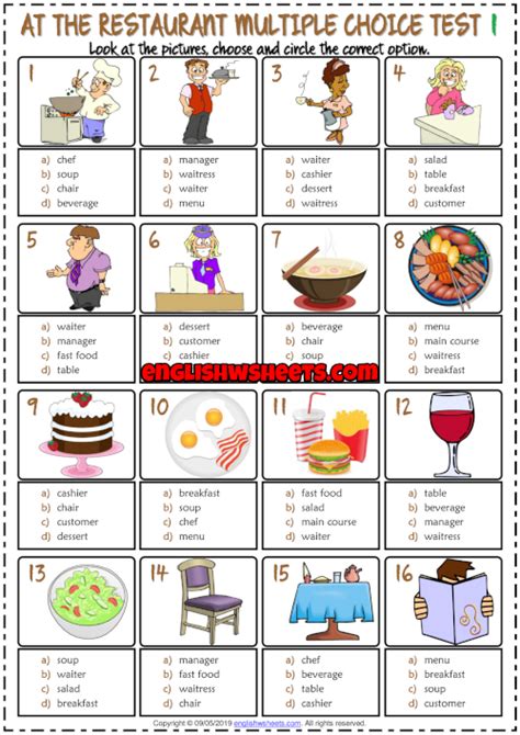Restaurant Vocabulary Esl Multiple Choice Tests For Kids English