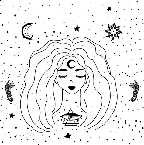 Mystical Drawing Occultism A Beautiful Girl With Stars In Her Hair
