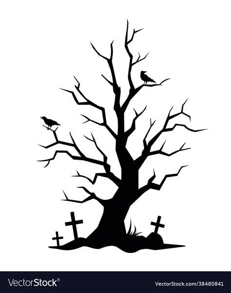 Horror Halloween Tree Silhouette With Ravens Vector Image