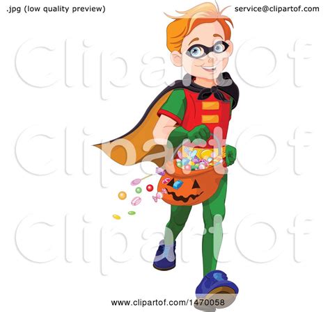 Clipart Of A Boy Trick Or Treater Running In A Super Hero Halloween