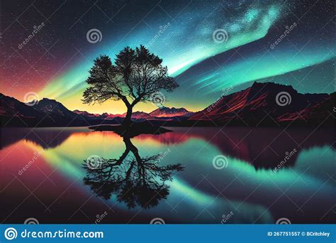 Northern Lights Aurora Borealis Lone Tree Reflection Over Lake Water