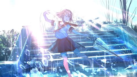 Download School Girl Anime Dance In Rain Wallpaper
