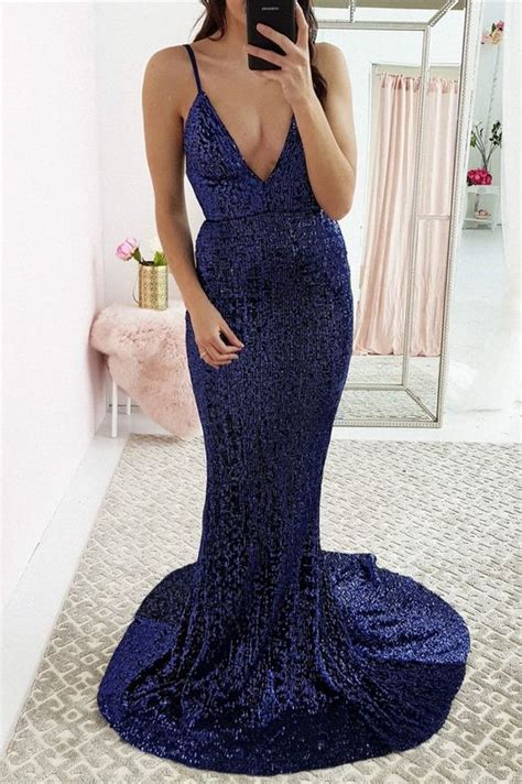 Sexy Sequin Prom Dress V Neck Evening Formal Gown Open Back Navy Blue