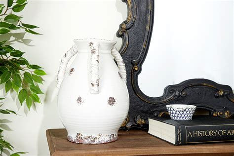 Decmode Large 3 Handled White Round Ceramic Vase W Rust Finish Detail 11 X 14