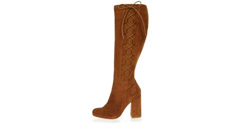 River Island Leather Tan Suede Knee High Lace Up Boots In Brown Lyst
