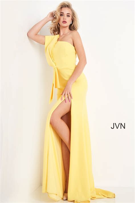 Jvn03140 Yellow One Shoulder Bow Sheath Prom Dress Free Hot Nude Porn