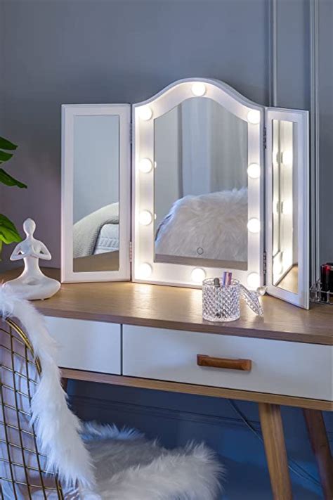 Luxfurni Vanity Lighted Tri Fold Makeup Mirror With 10 Dimmable Led