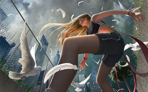 City Anime Feathers Skinny Worms Eye View Fence Mythology Dove Clothing Lady Leg