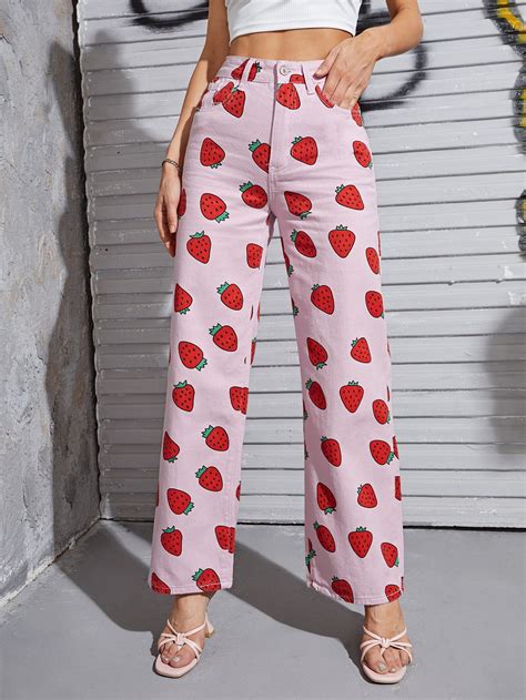 High Waist Allover Strawberry Print Wide Leg Jeans In 2021 Wide Leg Jeans Strawberry Print