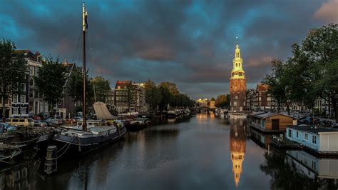 Download Wallpaper 1920x1080 Amsterdam Netherlands Night River