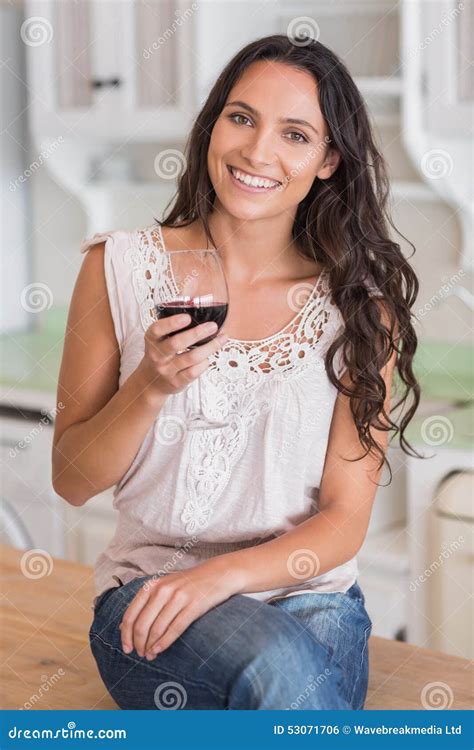 Pretty Brunette Having A Glass Of Wine Stock Photo Image Of Long Ring