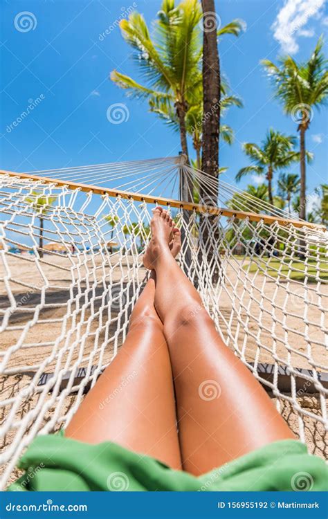 Beach Hammock Vacation Woman Feet Selfie Girl Relaxing Taking Pov