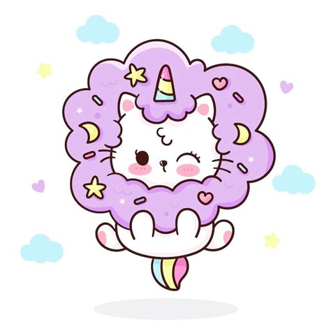 Premium Vector Unicorn Cat In Cotton Candy Cloud Kawaii Cartoon
