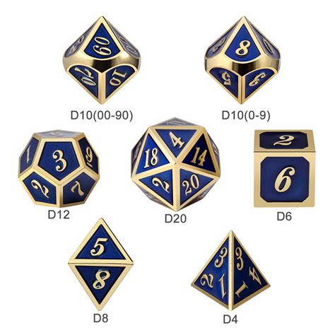 science purchase set of 7 metal dice blue and gold includes d4 d6 d8 d10 d12 d20 and d
