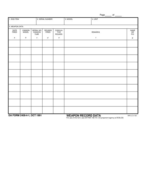 Da Form 2408 4 1 Weapon Record Data Continuation Sheet Forms Docs