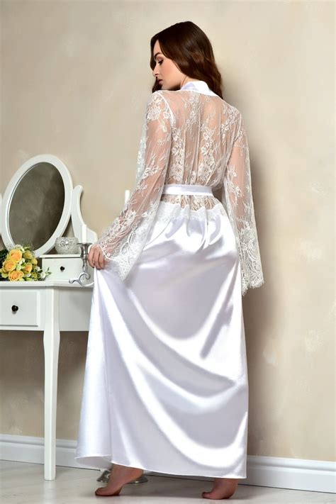 Long White Bridal Robe Satin Lace Back Dressing Gown Bridal Etsy