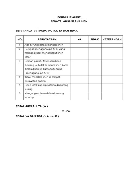 Formulir Audit Penatalaksanaan Linen Copy Pdf