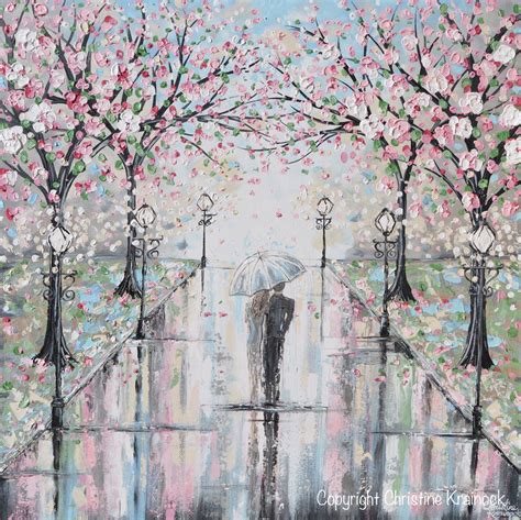 Giclee Print Art Painting Couple Umbrella Rain Pink Cherry Trees Decor Contemporary Art By