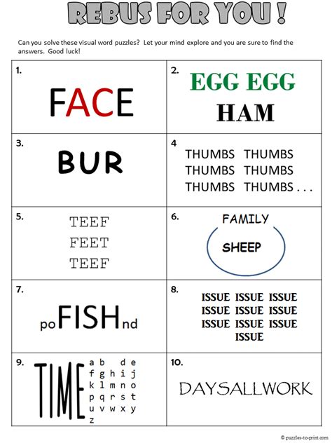 A collection of free online word games. Free, printable rebus worksheet from Puzzles to Print ...
