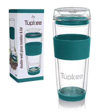 tupkee double wall glass tumbler 14 ounce all glass reusable insulated tea coffee mug and lid