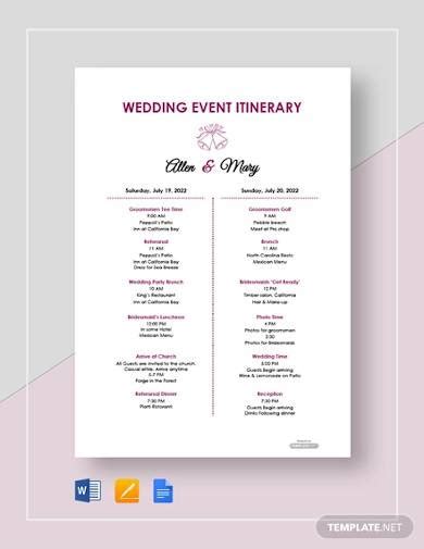 Free 16 Wedding Itinerary Samples In Ms Word Psd Ai Publisher