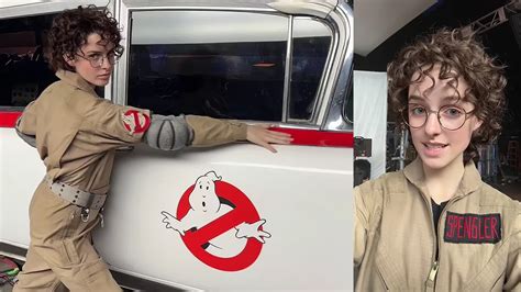 Mckenna Grace Poses Alongside Ghostbusters Frozen Empires Ecto 1 In