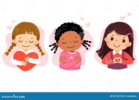 Set Of Cartoon Of Little Girls Hugging Themself Self Love Self Care