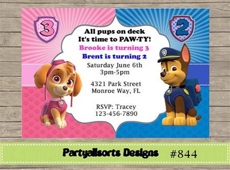 Diy Paw Patrol Syke And Chasejoint Party Invitations Cards Paw