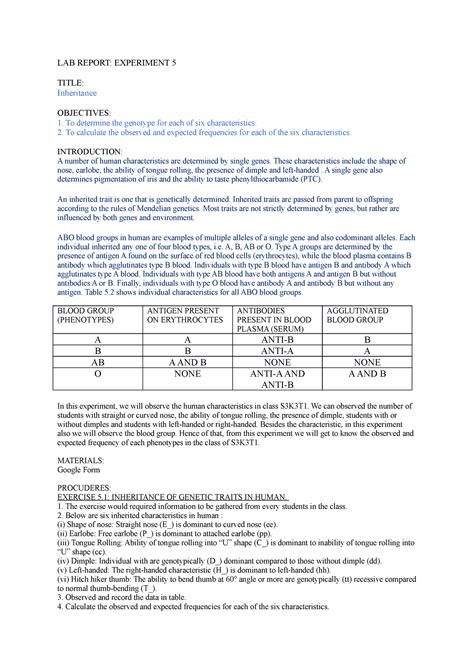 LAB Report Biology SB LAB REPORT EXPERIMENT TITLE Inheritance OBJECTIVES To