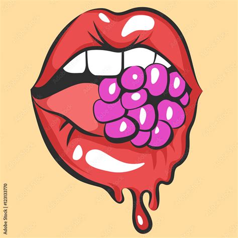 Sexy Melting Lips With Juicy Gum Or Berry Pop Art Mouth Biting Candy Close Up View Of Abstract