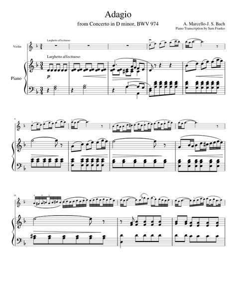 Adagio From Concerto In D Minor Bwv 974 By A Marcello Js Bach For Violin And Piano Sheet