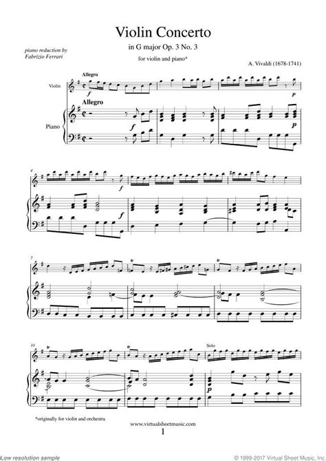 Vivaldi Violin Concerto In G Major Op3 No3 Sheet Music For Violin And