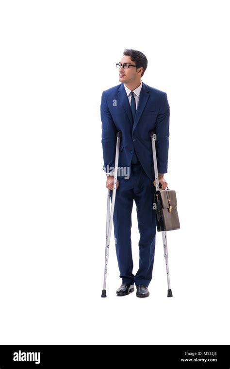 Businessman Walking With Crutches Isolated On White Background Stock