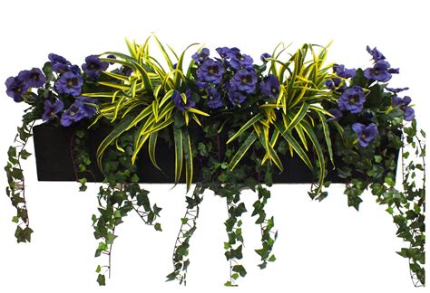 This ceramic blue dish planter with artificial green dracaena plant. Artificial Pansy and Dracaena Window Box at Evergreen Direct