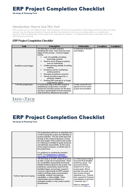 Erp Project Completion Checklist Enterprise Resource Planning