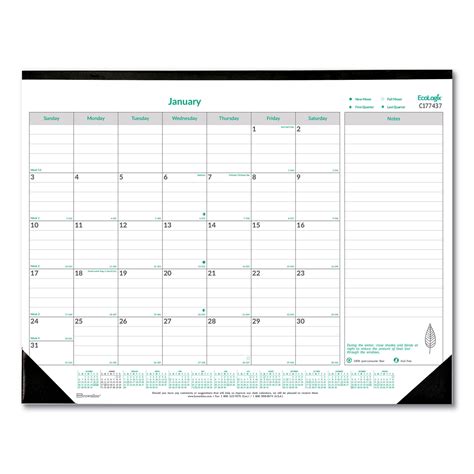 Ecologix Monthly Desk Pad Calendar 22 X 17 Whitegreen Sheets Black