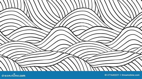 Seamless Rolling Hills Landscape Pattern Made Of Wavy Hand Drawn Black