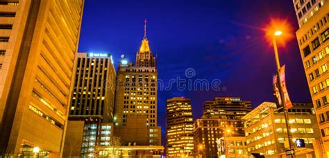 Night View Of Skyscrapers At Night In Baltimore Maryland Editorial