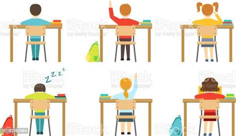 Schulen Schüler Sitzen An Schreibtischen Im Klassenzimmer Blick Von