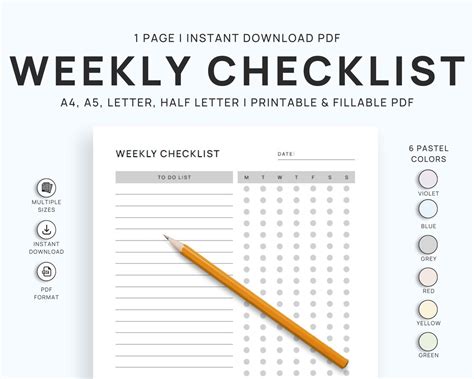 Weekly Checklist Printable Weekly To Do List Instant Etsy