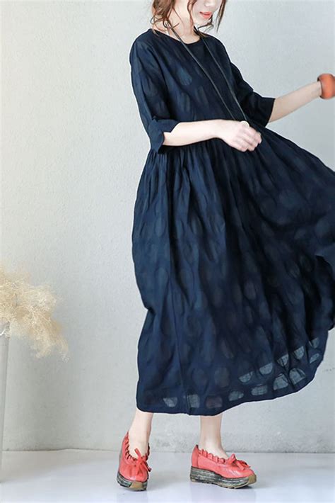 Blue Plus Size Casual Cotton Linen Dresses For Women Q9043 Fantasylinen