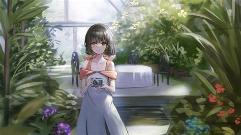 Download Wallpaper 1280x720 Girl Camera Garden Greenhouse Anime