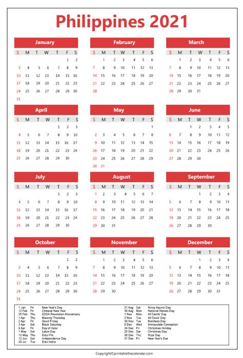 Philippines Calendar 2021 With Holidays Printable Template