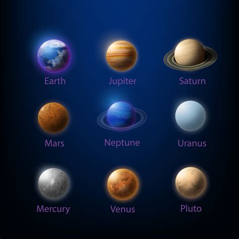 Vector realistic, 3d set of solar system planets. Illustration of nine
