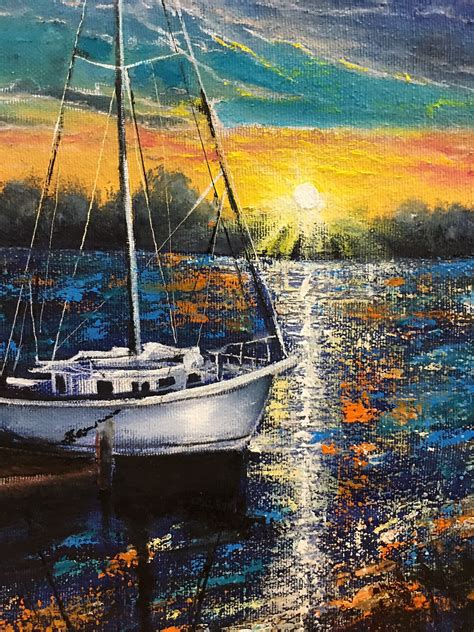 Yacht Oil Painting Original Ship Wall Art On Canvas Sunset Etsy