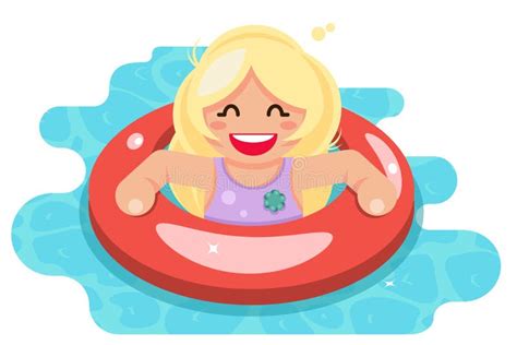Swiming Girl Swim Ring Pool Water Flat Design Vector Illustration Stock