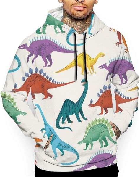 Mens Pullover Hoodies Sweatshirt Colorful Dinosaur Hooded