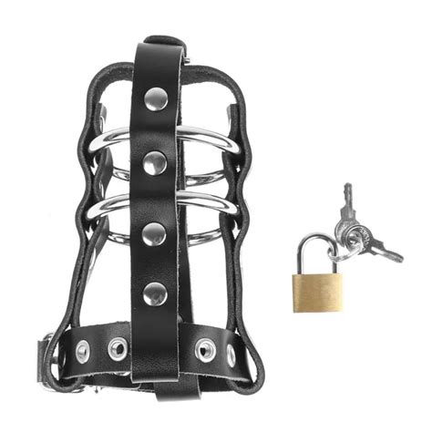 Leather Cock Cage Penis Harness Ball Scrotum Stretcher Restraint Bondage Lock Male Chastity