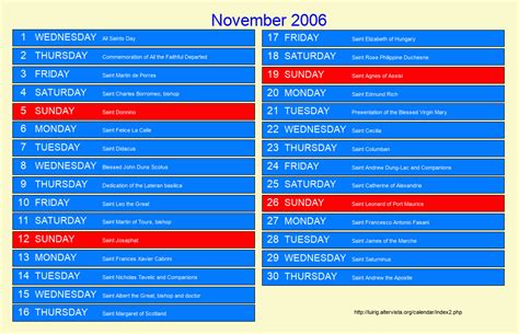 November 2006 Roman Catholic Saints Calendar