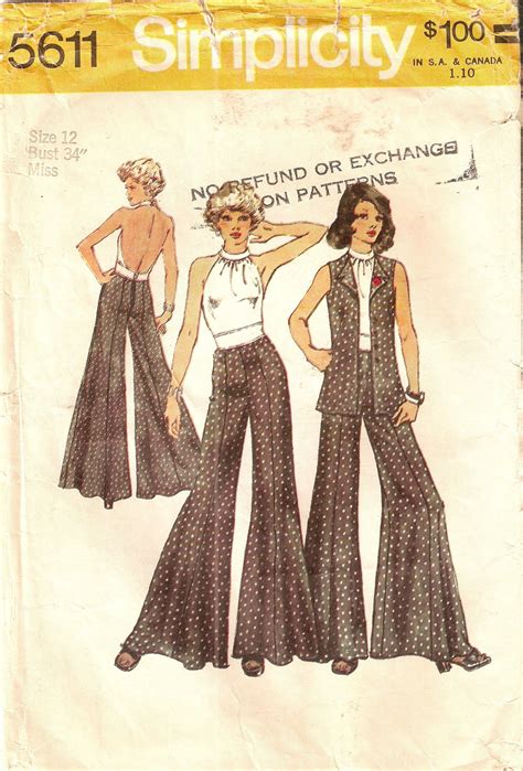 Vintage 1970s Simplicity 5611 Misses Wide Leg Bell Bottom Palazzo Pant